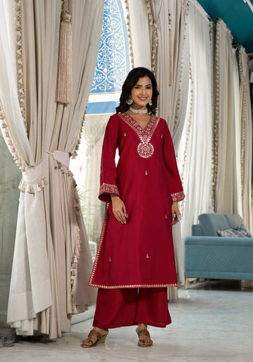 Vranga Red Ethnic Motifs Zari Embroidered Mirror Work V-Neck Straight Kurta With Bottom And Dupatta
